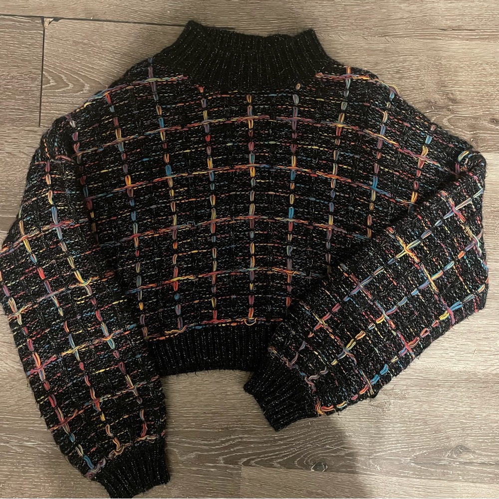 Mock Neck Black Knit Sweater with Colourful Detailing